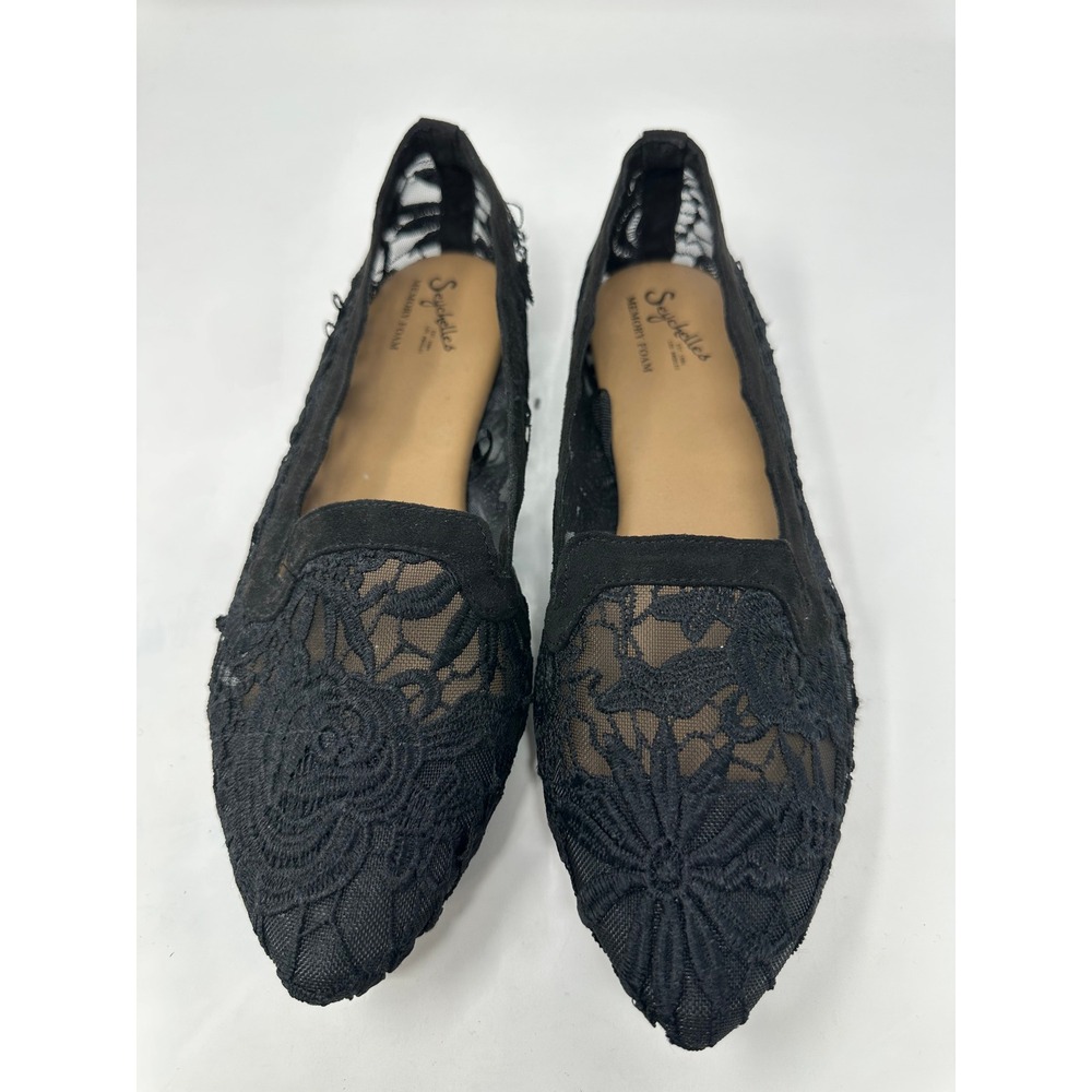 Seychelles Black Floral Lace Mesh Pointed Toe Flats Memory Foam 9W
